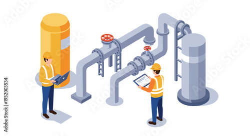 Industrial pipeline management: isometric design with workers and infrastructure