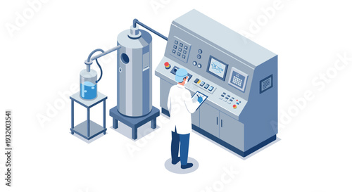Scientist analyzing industrial machine in modern laboratory setting