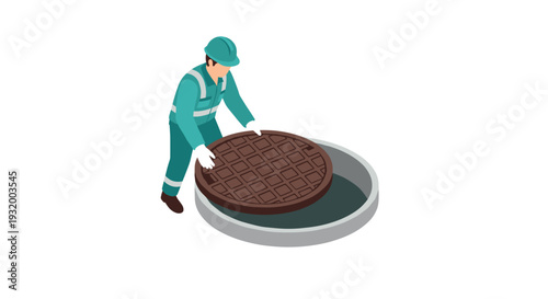 Isometric worker handling manhole cover in safety gear on white background
