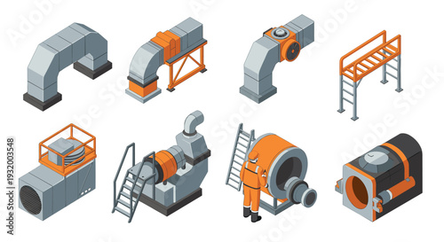 Industrial hvac components isometric set with engineer in protective gear