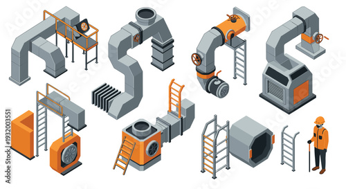Industrial ventilation equipment with isometric ductwork and hvac elements