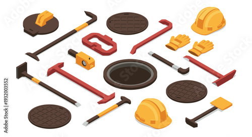 Isometric construction tools set with hard hats, crowbars, and manhole covers