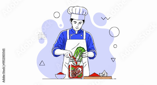 Chef preparing fresh vegetables in a jar for fermentation.