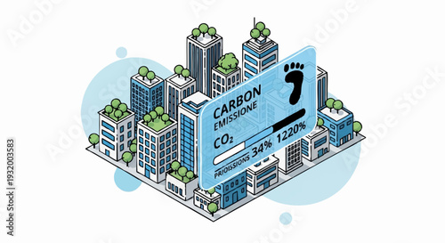 Cityscape with Carbon Footprint Meter and Green Buildings.