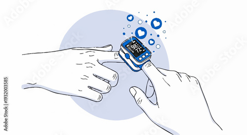 Close up of finger with pulse oximeter and heart icons.