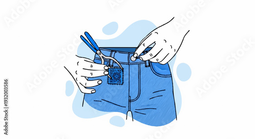 Close up of hands repairing blue jeans with scissors.