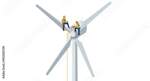 Maintenance workers on wind turbine in minimalist style