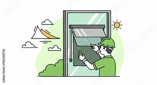 Construction worker installing window blinds in a modern building.