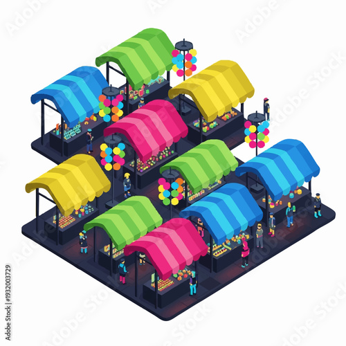 Colorful Isometric Market Stalls with Awnings and Goods.