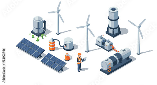 Sustainable energy isometric design with wind turbines and solar panels