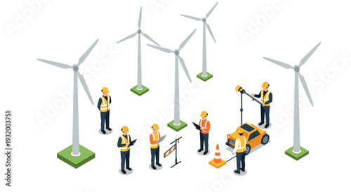 Renewable energy workers operating at wind farm in isometric style