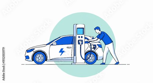 Electric car charging station with person plugging in vehicle.