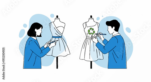 Fashion designers creating new dress designs on mannequins.