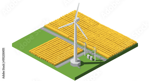 Isometric wind turbine in agricultural field with solar panels and power lines
