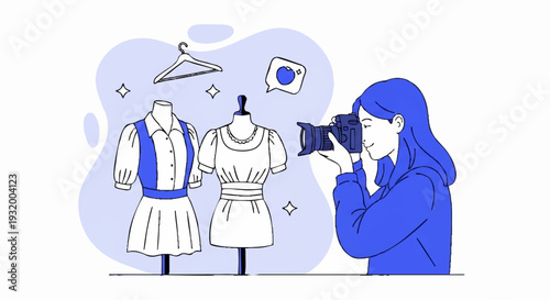 Fashion photographer capturing stylish outfits on mannequins.