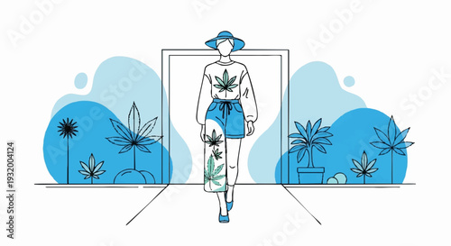 Fashionable person with cannabis leaf motifs on clothing and skateboard.