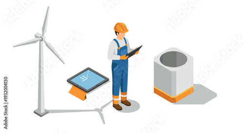 Isometric wind turbine construction with worker and digital tools for sustainable energy projects
