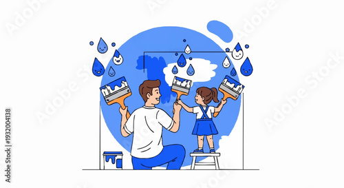 Father and daughter painting together happily.