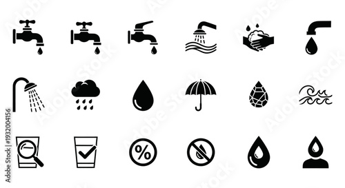 diverse water icons set representing usage conservation hydration and weather ideal for environmental and health-related designs.