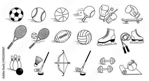 diverse collection of outline sport equipment and activity icons for fitness and game concepts