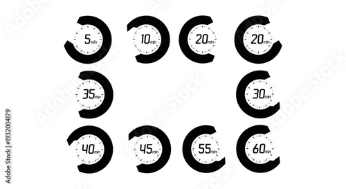 graphic set of minimalist digital timer icons for various minute intervals illustrating time management and progress in ui design.