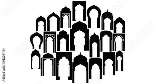 islamic archways silhouettes forming an arabian cultural pattern on white ideal for design concepts and middle eastern heritage.