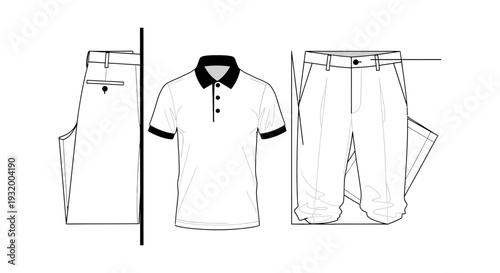 mens casual polo shirt and pleated shorts technical flats clean line art for fashion design and e-commerce.