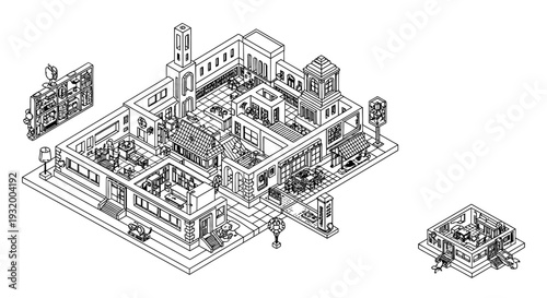 isometric architectural drawing of a complex multi-level building with intricate details and diverse rooms perfect for urban planning concepts.