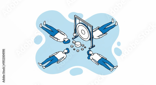 Four people lying down around a gong.