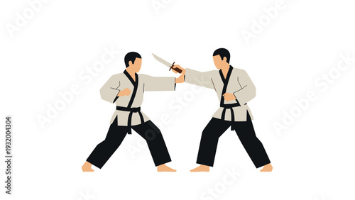 Martial arts sparring with swords: dynamic training scene in minimalist style