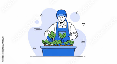 Gardener tending to young plants in a blue planter box.