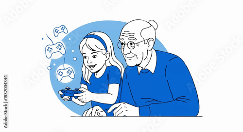 Grandfather and granddaughter playing video games together happily.