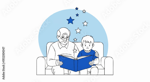 Grandfather and grandson reading a book together on a couch.