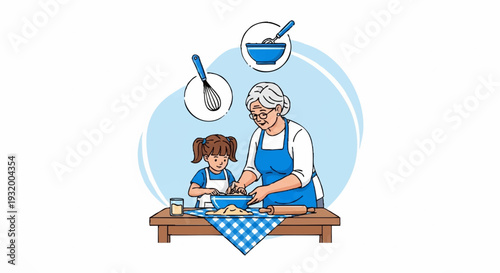 Grandmother and granddaughter baking together happily.