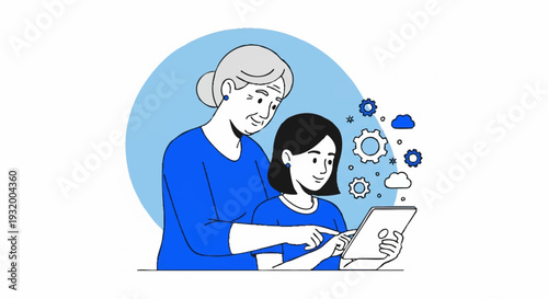 Grandmother and granddaughter learning together on a tablet.