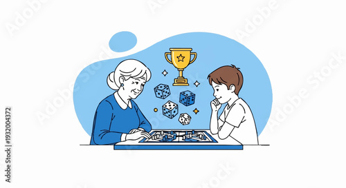Grandmother and Grandson Playing Board Game with Trophy.