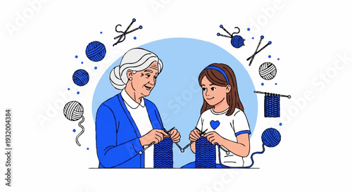 Grandmother and granddaughter knitting together happily.