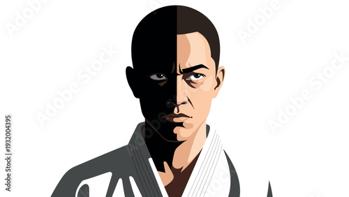 Dramatic split lighting with martial artist in shadow and light contrast