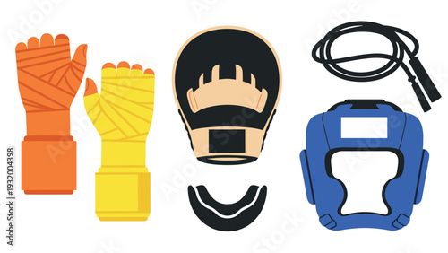 Mixed martial arts equipment set with boxing gloves, jump rope, shield, mouthguard