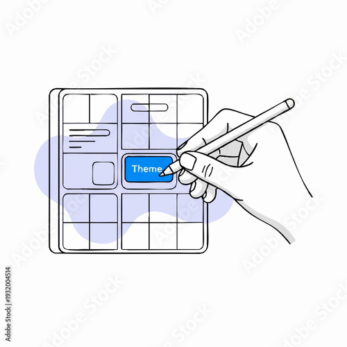 Hand holding stylus interacting with digital interface grid.