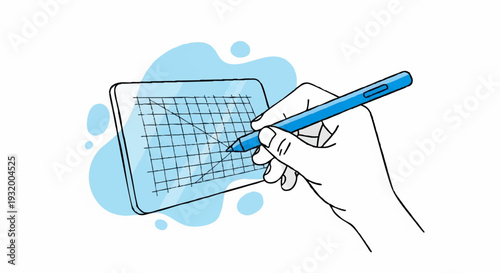 Hand holding stylus and interacting with digital tablet displaying graph.