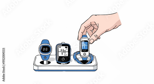 Hand placing small electronic device on charging station with other gadgets.