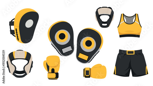 Boxing gear set featuring gloves, pads, and protective wear in modern flat design