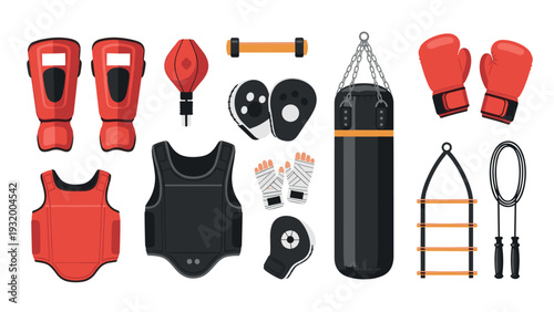 Boxing training gear set with gloves, bag, and protective equipment in flat design