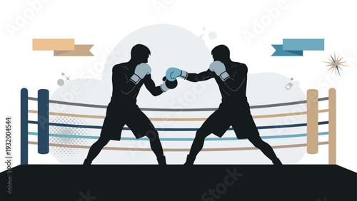 Dynamic boxing match silhouette in modern flat design with vibrant elements