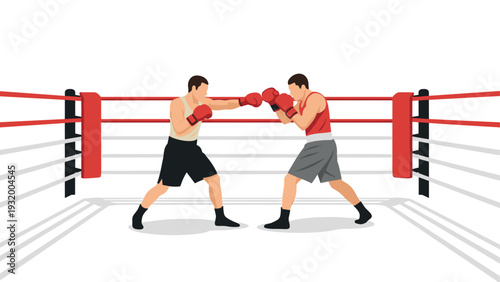 Boxing match in minimalist style ring with fighters in action