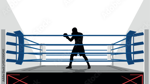 Silhouette boxer in ring with dramatic lighting and blue ropes