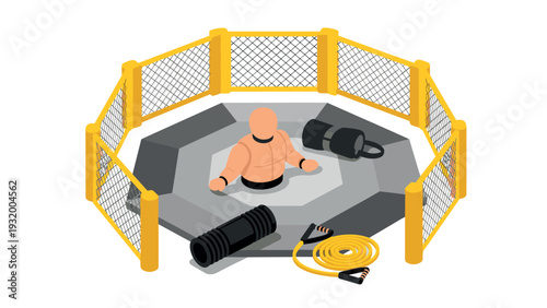 Isometric mixed martial arts training arena with equipment and fighter dummy