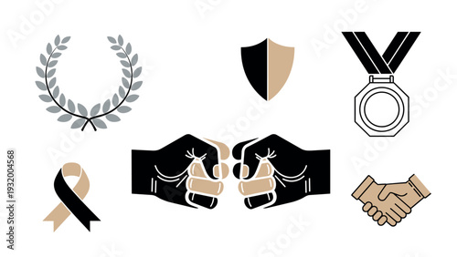 Symbolic elements featuring fist bump and honor icons with flat modern design