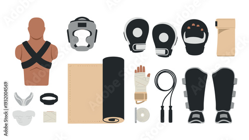 Essential boxing and martial arts equipment in flat style